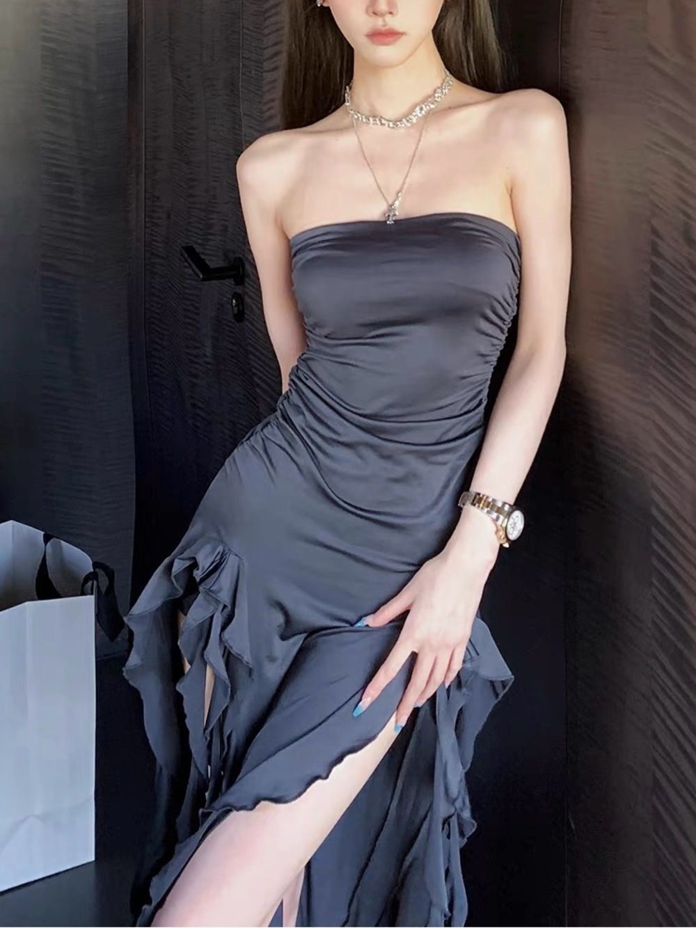 F PROJECT Gray Ruffle Dress | Size M | Strapless Maxi Dress